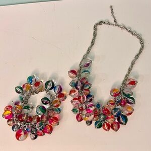 VTG Colorful Beaded Cluster Necklace Bracelet Set Silver Tone Chain Jewelry Boho